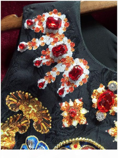 

2018 spring summer european style slim waist printing retro vest loose dress tide high-end luxury diamond black dresses, White;black