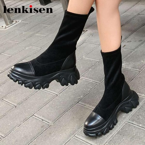 

boots lenkisen genuine leather round toe thick bottom stretch slip on convenient winter keep warm brand mid-calf l03, Black