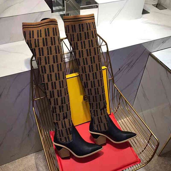 

luxury 2021 new fashion women&#39s 22 inch knitted socks boots 9.5cm female thigh high breathable high elastic boots pointed to, Black