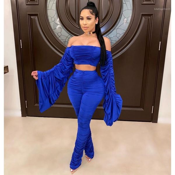 

women's tracksuits off shoulder two piece set women club outfits 2021 ruched crop and stacked pants festival clothing suits1, Gray