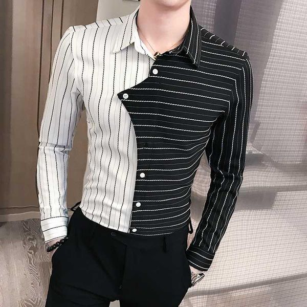 

2020 personality lrregular striped print shirt street style mens shirt slim long sleeve casual men's dress1, White;black