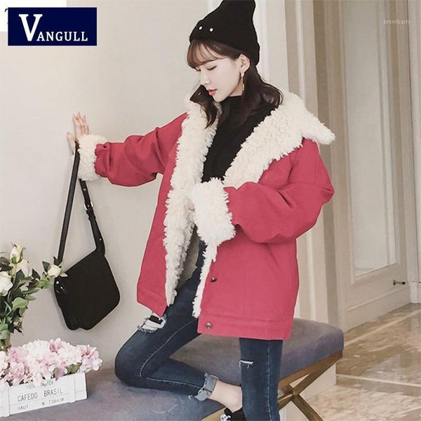 

vangull women denim jacket fur lining autumn winter red denim jacket warm vintage long sleeve loose jeans coat outwear1, Black;brown