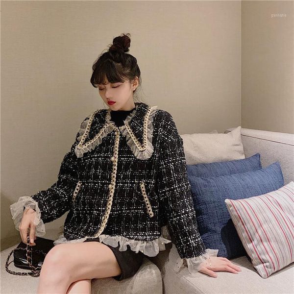 

spring women black plaid small fragrance style woven mesh stitching retro loose high street sweet beauty coat abrigos para mujer1