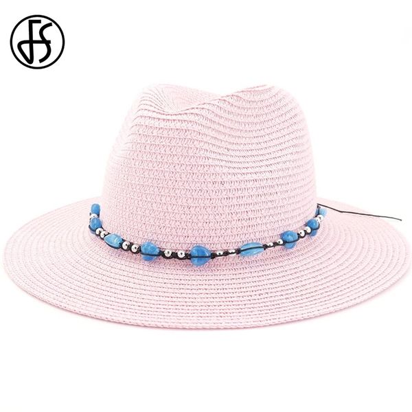

fs summer sun hats flat brim straw jazz fedora for men women beach panama hat with gem khaki pink casual church chapeau femme t200508, Blue;gray