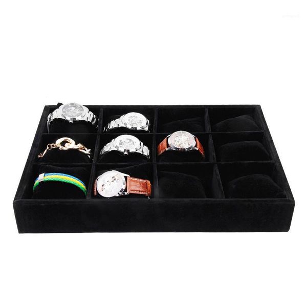 

12 slots watch jewelry display case bracelet bangle organizer storage box tray for displaying watch boxes black1, Black;blue