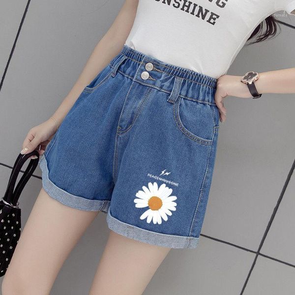 

2020 new summer women casual elastic high waist pattern denim shorts female vintage button cuffs plus size 6xl jeans shorts y031, Blue
