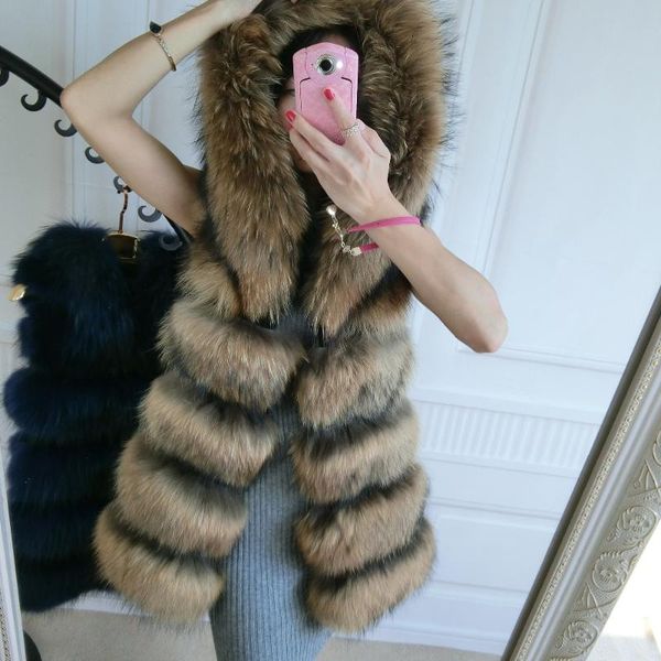 

women's fur & faux real natural jacket coat hooded genuine raccoon vest ladies female coats waistcoat, Black