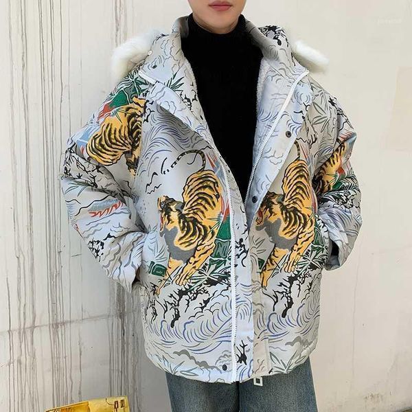 

fur collar loose bomber streetwear hip hop pilot coat tiger pattern thicken velvet thick warm jacquard jacket men wear1, Black;brown