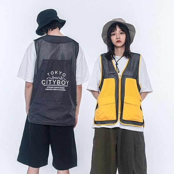 

men's vests men streetwear hip hop mesh cargo vest jacket male women couple japan style casual sleeveless waistcoat outerwear coat1, Black;white