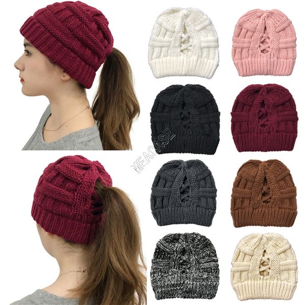 

мода solid color cross хвостик вязаные шапочки зимы женщин warm лыжные шапки открытый мягкая упругая cap спорт bonnet шерстяные шапки d10270, Yellow