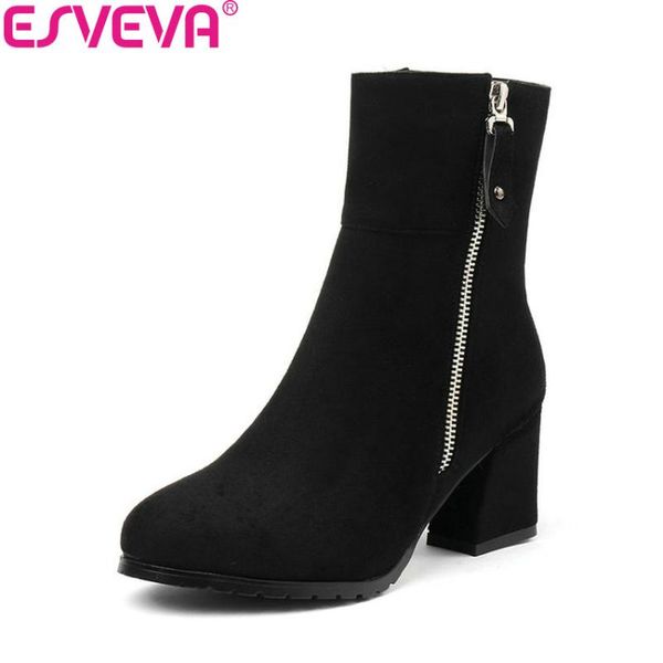 

boots esveva 2021 women round toe square high heels winter autumn shoes zip fashion ankle woman all match size 34-43, Black