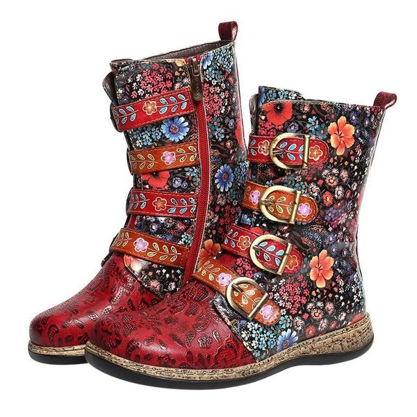

socofy women boots retro printed metal buckle soft leather zipper ankle boots ladies shoes women botines mujer, Black