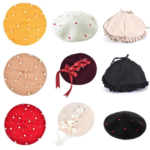 

1pcs beads elegant lady women wool felt warm french classic beret beanie slouch hat cap tam, Blue;gray