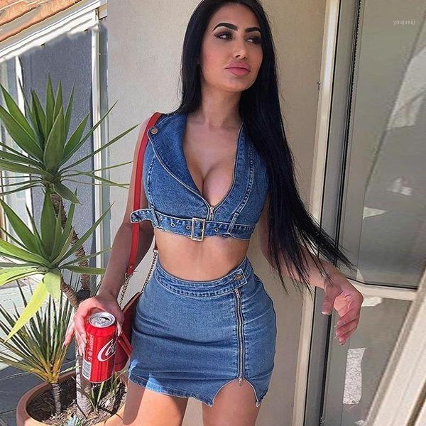 

fuedage denim two piece set deep v neck women belt sleeveless and skirt summer set bodycon 2 piece women outfit1, Gray