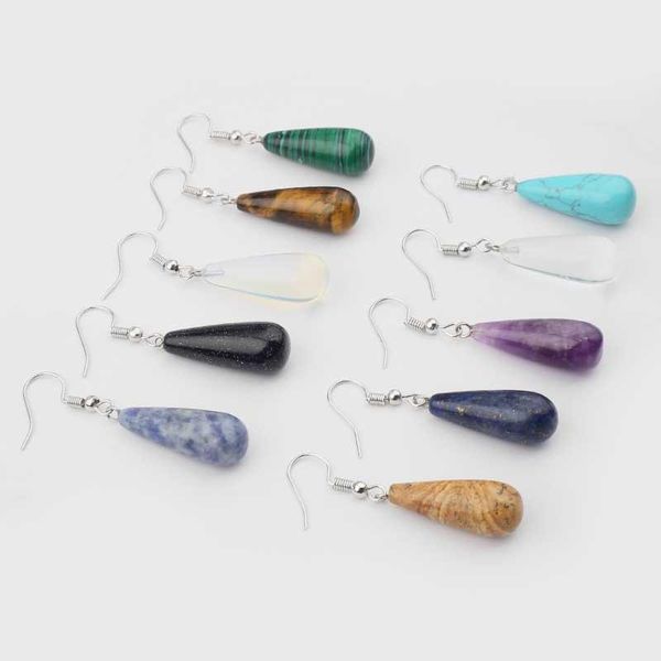 

1pair natural stone water drop earrings amethysts opal tiger eye turquoises malachite teardrop earrings jewelry for women gifts, Silver