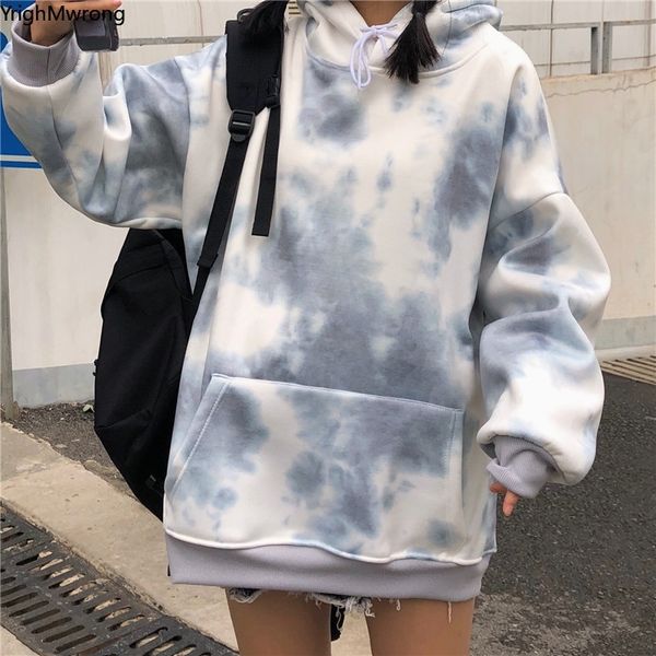 

tie dye contrast print hooded pocket sweatshirt pullover hoodies woman man streetwear plus oversized harajuku korean hip hop t200603, Black