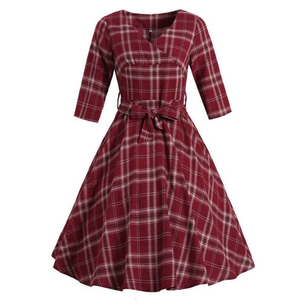 

lace plaid 3 sleeve / 4 up v-neck belted hepburn puff dress, Black;gray