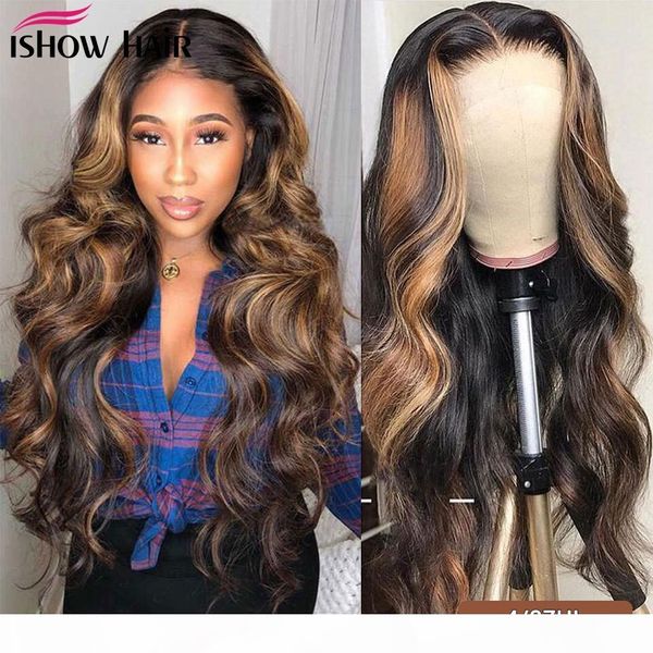 

ishow hightlight 4 27 body wave human hair wigs omber color t1b 27 13*1 human hair lace front wigs pre-plucked 360 lace wigs, Black;brown
