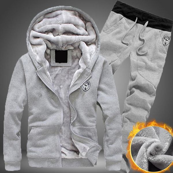 

2021 plus size men casual warm tracksuit fleece zipper hooded coat drawstring pants 2 piece sets mens clothing, Gray