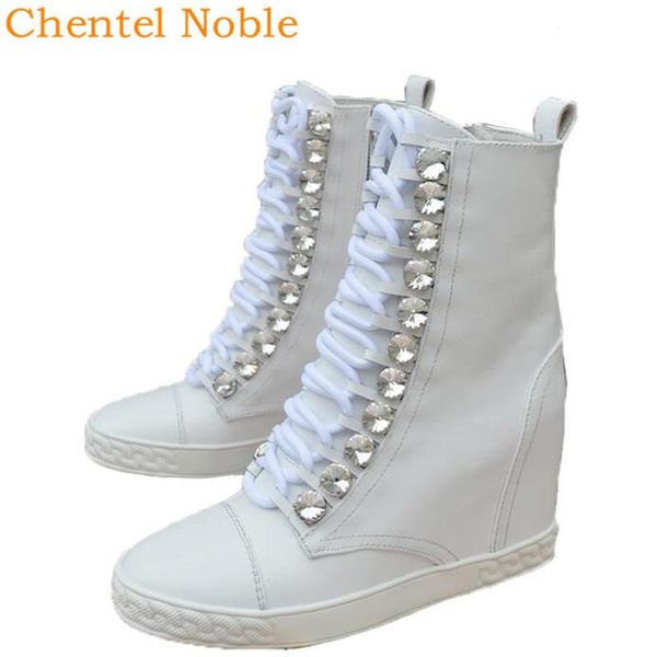 

internal increase bling crystal boots lace-up zip female thick bottom fashionable boots shoes zapatos de mujer white color, Black
