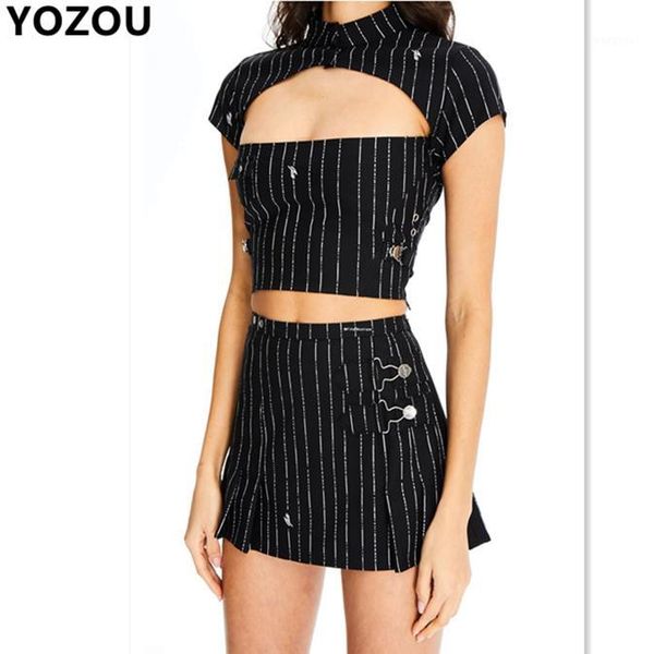 

summer punk retro vintage hollow out short sleeve crop tee high waist mini skirts short skirt women sets femme yl-171, Gray