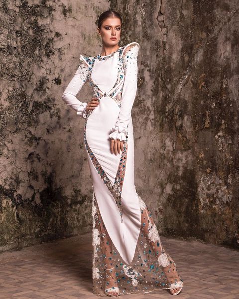 

aso ebi arabic luxurious crystals lace evening dresses mermaid prom dresses long sleeves formal party second reception gowns zj667, Black