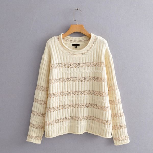 

h0444-2020 autumn winter new lazy round neck striped hollow curled for women h0444-2020 autumn sweater winter new lazy round neck striped ho, White;black