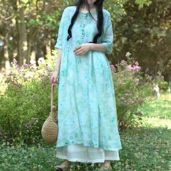 

2020 summer new thin ramie printed temperament short sleeve for women 2020 summer new thin ramie printed temperament short dress sleeve dres, Black;gray