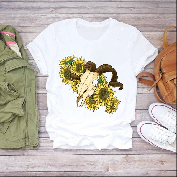 

women 2021 cattle heifer skull sunflower cartoon lady cute summer shirt ladies womens t shirts t graphic female tee t shirt, White