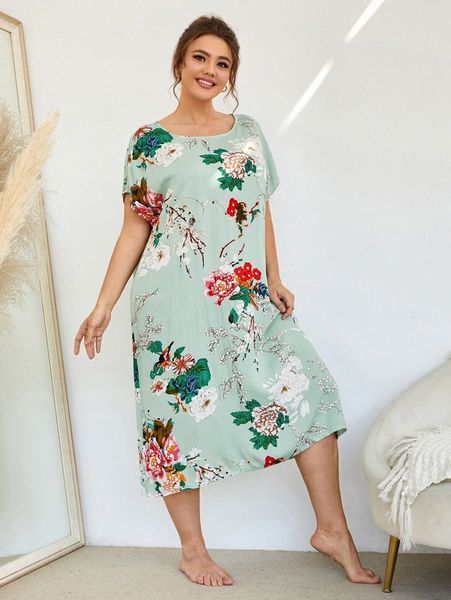 

plus floral print batwing sleeve nightdress h3d7#, Black;white