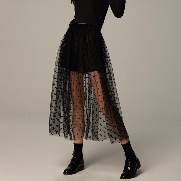 

fall winter overskirt gothic black polka dot long see through mesh tulle skirt vintage streetwear elastic waist pleated skirts