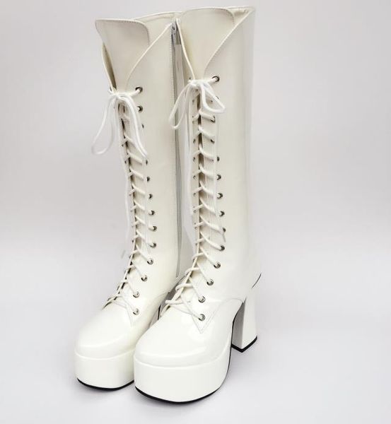 

japanese white 12cm super high platform heels sweet princess lolita cosplay lace up martin boots round toe autumn thigh boots, Black