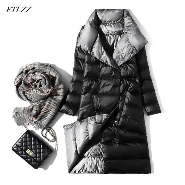 FTLZZ Ultraleichte Lange Jacke Frauen Winter Doppelseitige Schlanke Weiße Ente Daunenmantel Einreiher Rollkragen Warme Parkas 201102