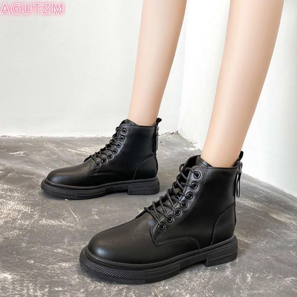 

2021 women winter boots thick fashion motorcycle platform boots non-slip round toe lace up leather women shoes ankle boot, Black