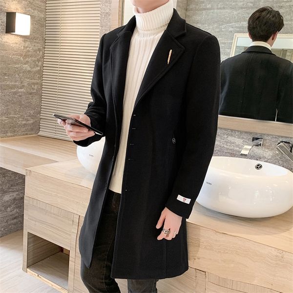 

mens trench coat jacket winter wool blends coats casual men overcoat men long coat business formal windbreaker 201222, Black