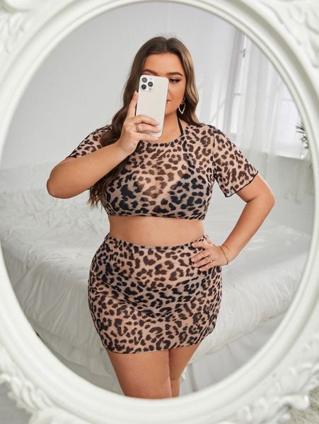 

plus leopard halter triangle bikini swimsuit with cover up set s9d9#, Black