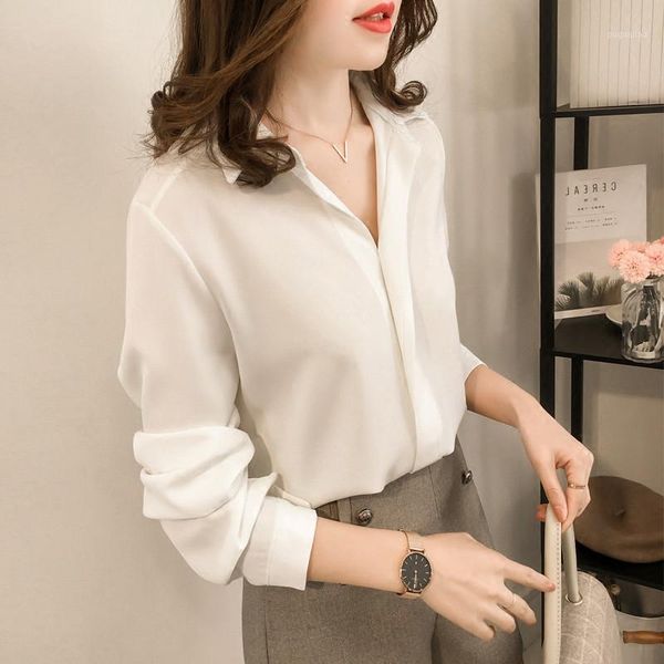 

spring autumn blouse shirt casual long sleeve turn-down collar button women elegant office lady solid blouses 6q15551, White