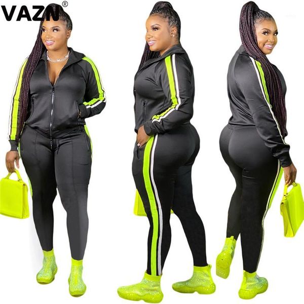 

vazn new arrival 2020 early autumn lady black 2-piece long set full sleeve zipper coats long pants set skinny sport sets1, Gray