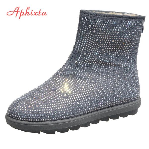 

aphixta crystals warm winter snow boots non-slip sole platform winter plush furry shoes warm ankle boots woman, Black