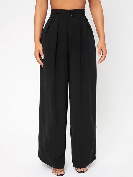 

petite high waist plicated wide leg pants c7mi#, Black;white