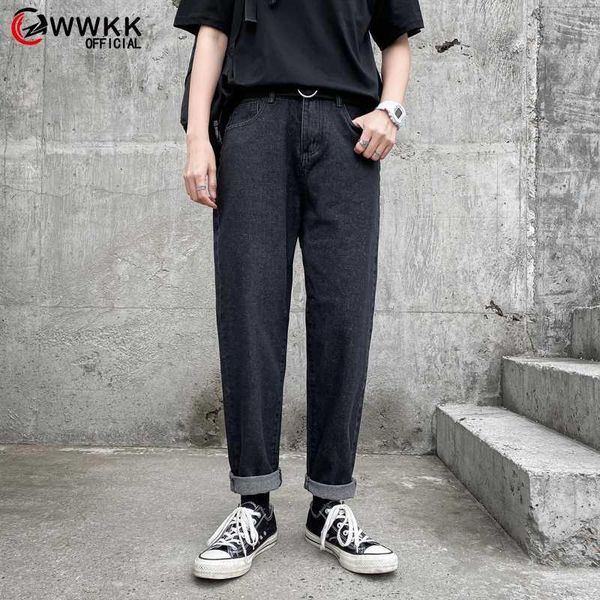 

wwkk 2020 new fashion four seasons loose men jeans washed cotton casual black cowboy pants zipper jeans s-3xl ing, Blue