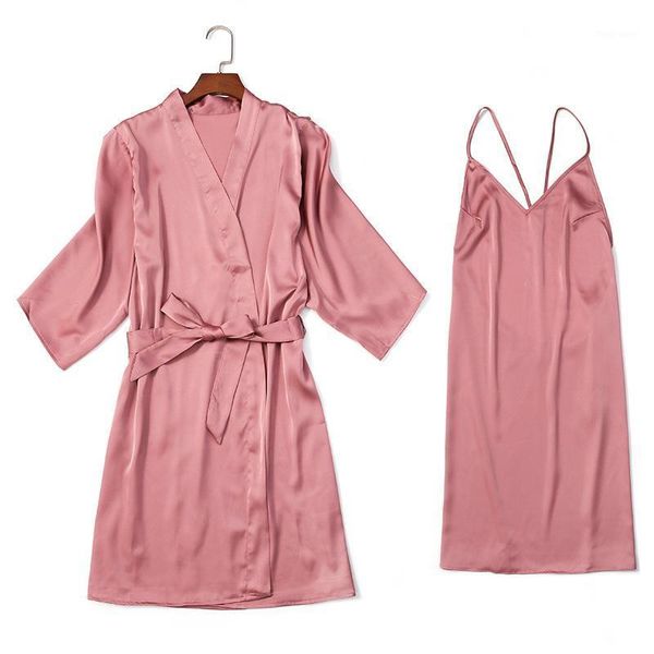 

women 2pcs kimono robe gown suit v-neck backless nightdress autumn solid nightgown rayon night dress with belt bathrobe1, Black;red