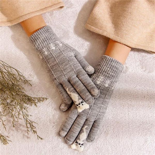 

five fingers gloves winter ladies driving warm touch screen fashion cartoon print couple mittens, Blue;gray