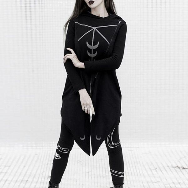 

women gothic big hat coat loose trench jacket diagonal zipper moon printed personality irregular hem punk long hooded coat1, Black
