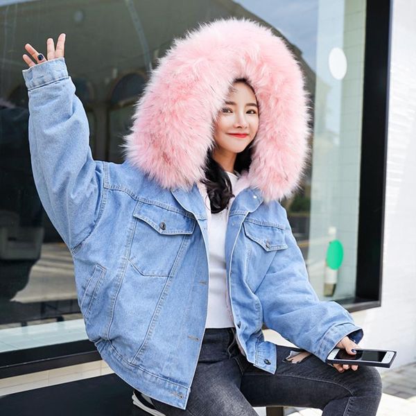 

warm thick padded lamb plush faux fur hooded denim jacket fashion jean coat outwear winter women plus size jean jacket coat, Black;brown