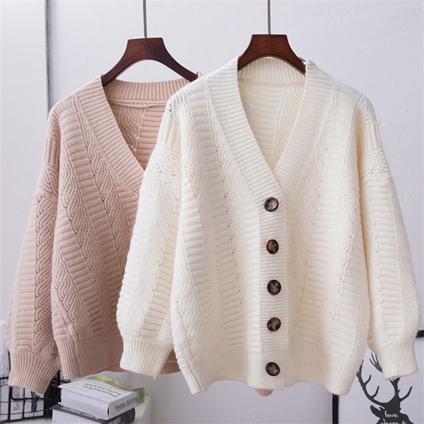

v-neck sweater women's new korean of white loose large size lazy wind cardigan knitting y200106, White;black