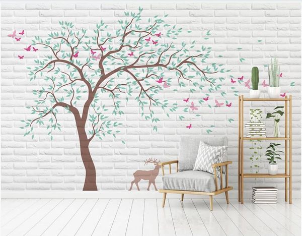 

3d wallpaper custom p modern minimalist hand painted big tree elk brick wall home decor living room wallpaper for walls 3 d