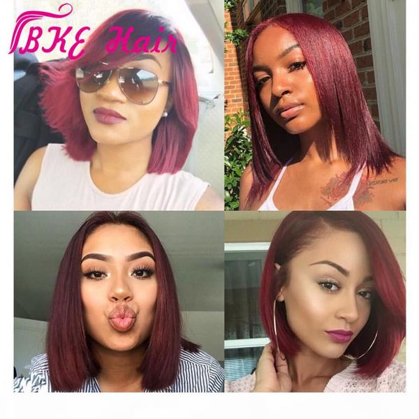 

burgundy short bob synthetic lace front wig heavy density natural hairline middle parting for white women wigs, Black