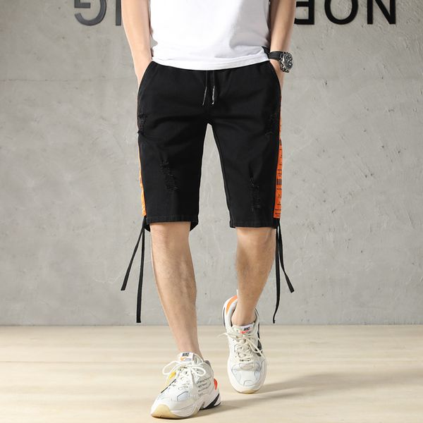 

men's jeans summer 2021 shorts elastic hole fashion five-point knee-length denim large size brand, Blue