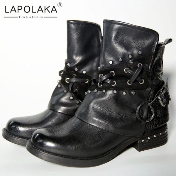 

boots lapolaka 2021 arrivals large size 43 thick heels ankle woman shoes comfy rivet retro fashion autumn winter, Black